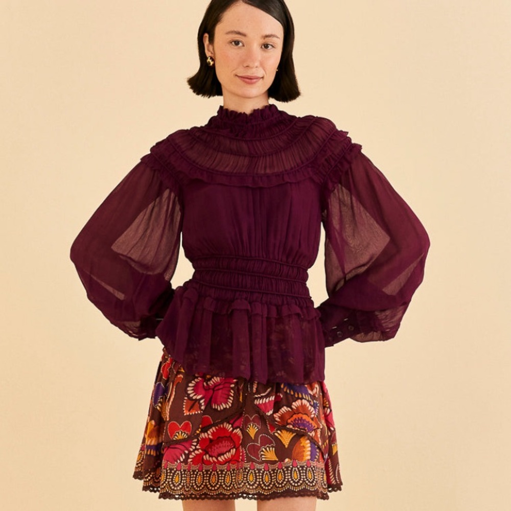 FARM RIO Burgundy Ruffle High Neck Blouse NWOT S